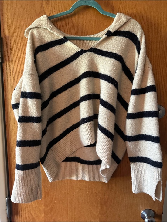 Molly Bracken Sweaters - Molly Bracken Cream and Black Striped V-Neck Hoodie Sweater